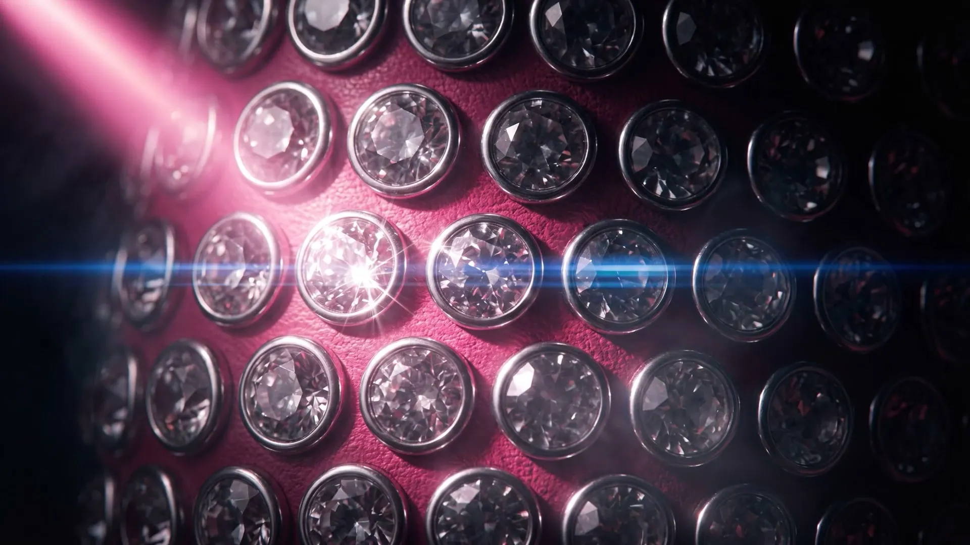 Opening frame of the generated brand film: a macro field of clear crystals set into hot-pink leather, one crystal flaring beneath a pink beam.